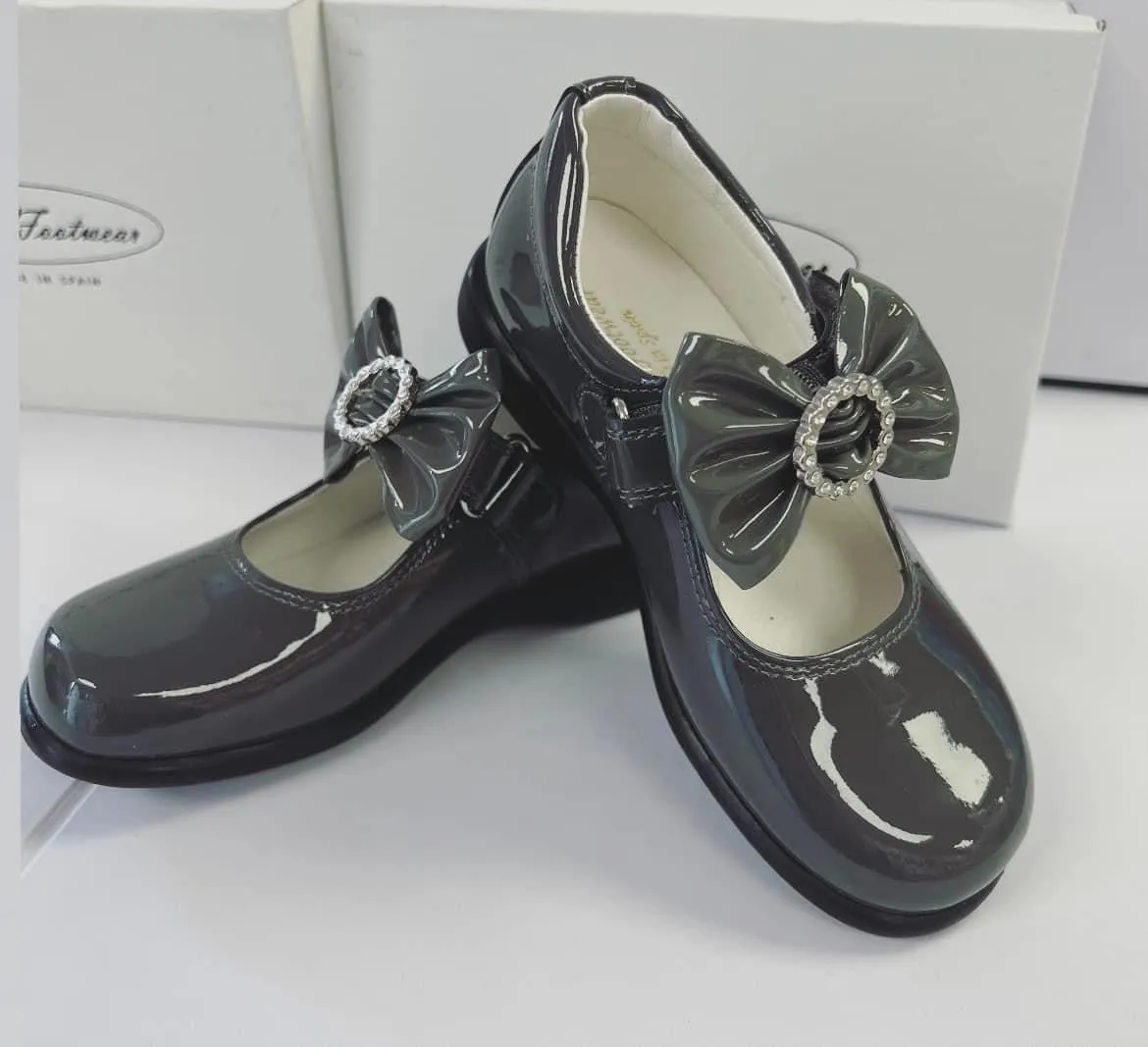 6273 Dark Grey School Shoes - Circle Bow Bow (Flat Sole)