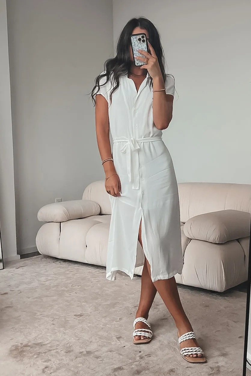 A Walk In The Park White Short Sleeve Button Up Midi