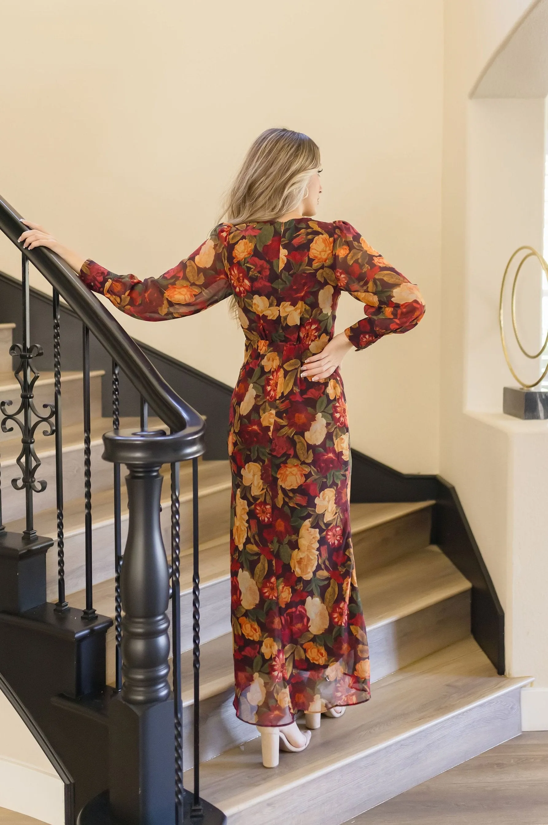 Angela Long Sleeve Floral Print Maxi Dress Rust