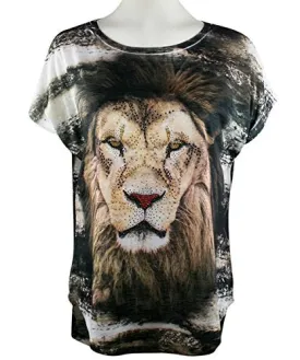 Big Bang Clothing - Shimmering Lion, Cap Sleeve, Scoop Neck Rhinestone Print Top