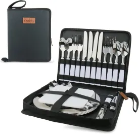 Camping Silverware Set with Case, 11 Pcs Camping Mess Kit with Stainless Steel Plates, Picnic Set for 2, Travel Silverware Set, Camping Utensils for Eating, Portable Cutlery Set