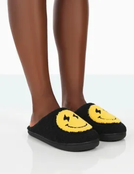 Daze Black Printed Smiley Face Slippers