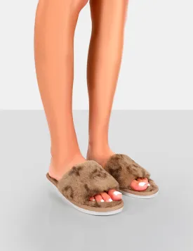 Dopey Beige Pattern Faux Fur Slider Slippers