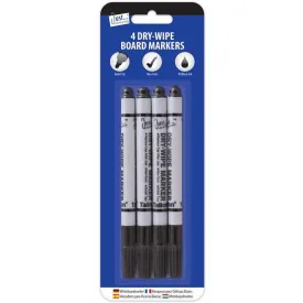 Dry-Wipe Markers - 4 Pack Bullet Tip Black Ink Whiteboard Office School Supplies