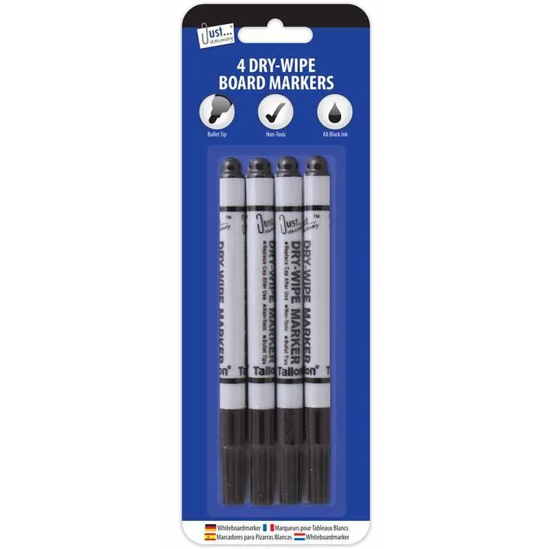 Dry-Wipe Markers - 4 Pack Bullet Tip Black Ink Whiteboard Office School Supplies