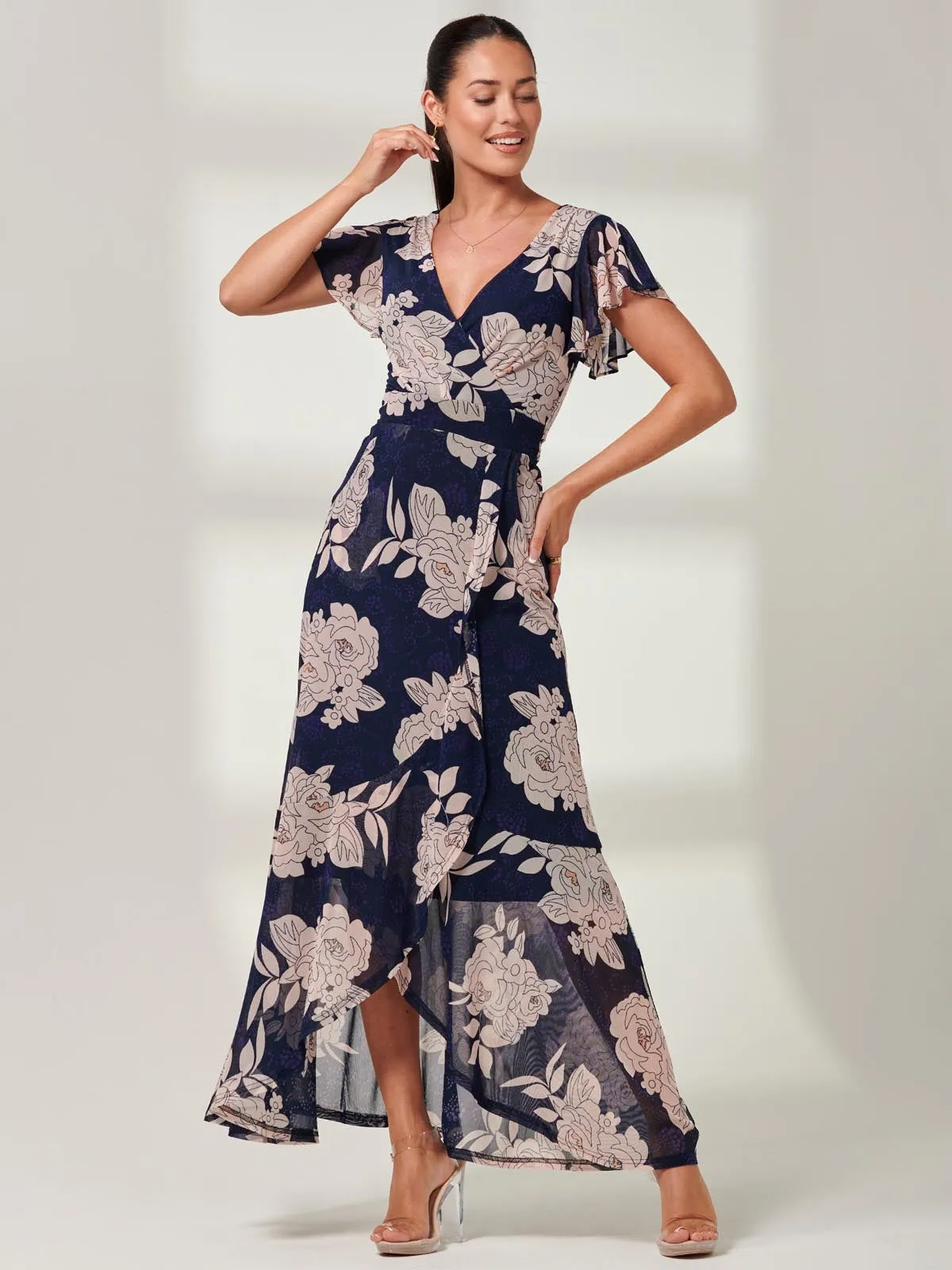 Gisselle Ruffle Hem Mesh Maxi Dress, Navy Floral