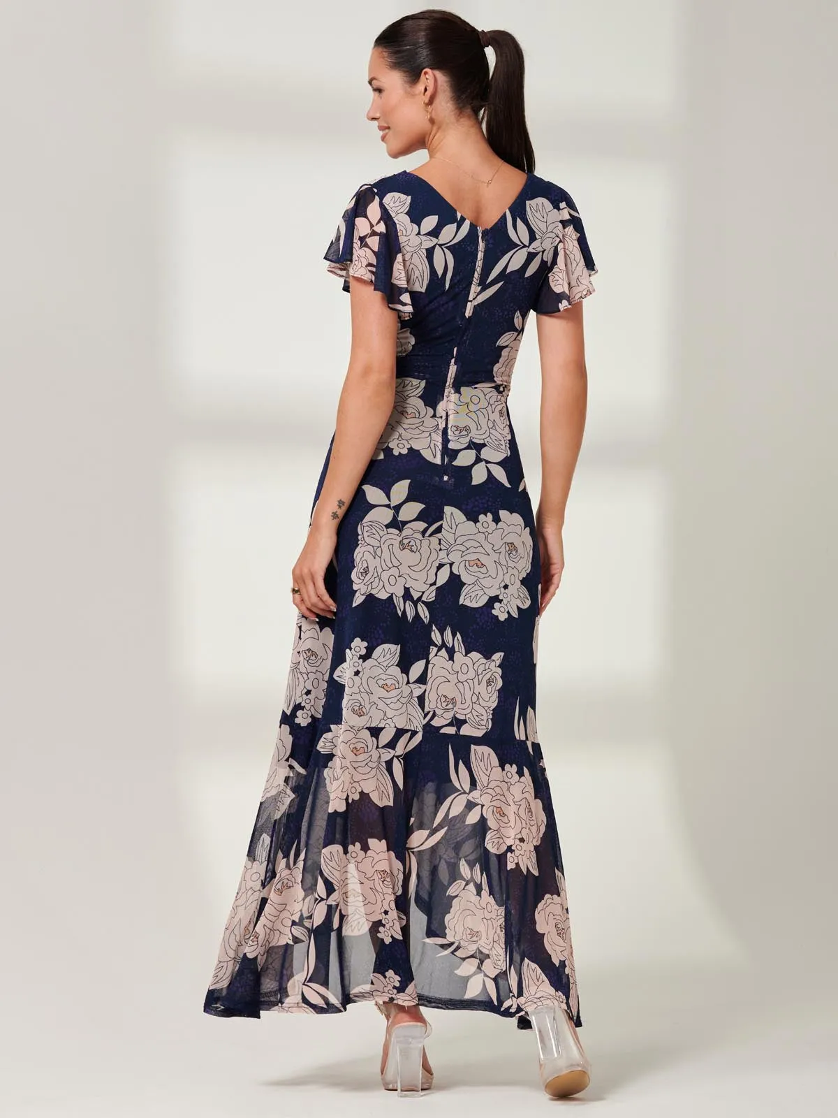 Gisselle Ruffle Hem Mesh Maxi Dress, Navy Floral