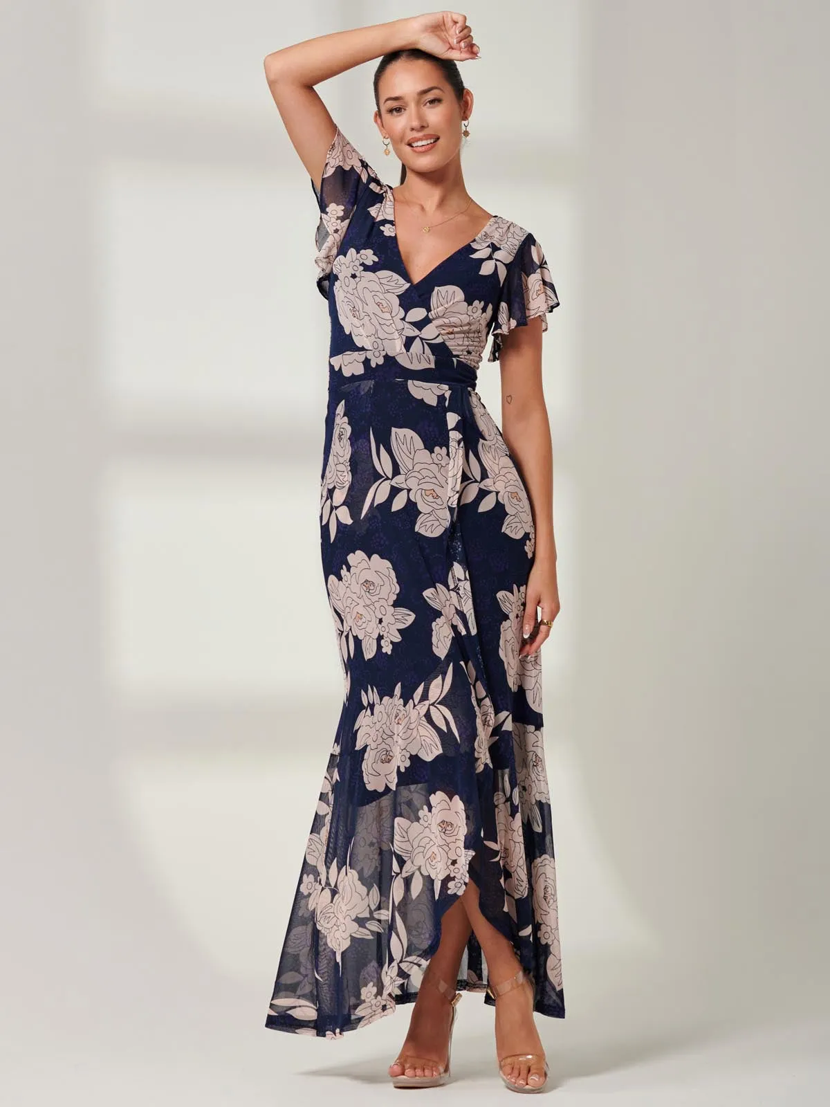 Gisselle Ruffle Hem Mesh Maxi Dress, Navy Floral