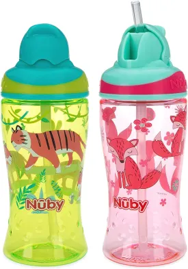 Nuby Thirsty Kids No-Spill Flip-it Printed Boost Cup with Thin Soft Straw - 12oz, 18  Months, (fox / tigers)