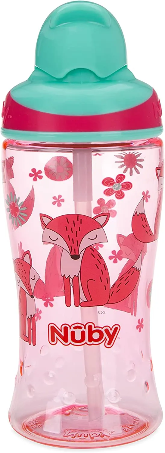 Nuby Thirsty Kids No-Spill Flip-it Printed Boost Cup with Thin Soft Straw - 12oz, 18  Months, (fox / tigers)