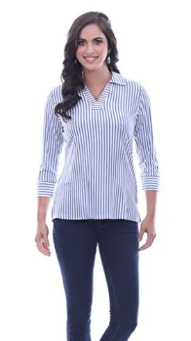 Parsley & Sage Natalie, 3/4 Sleeve, V-Neck, Blue Striped Henley Fashion Top