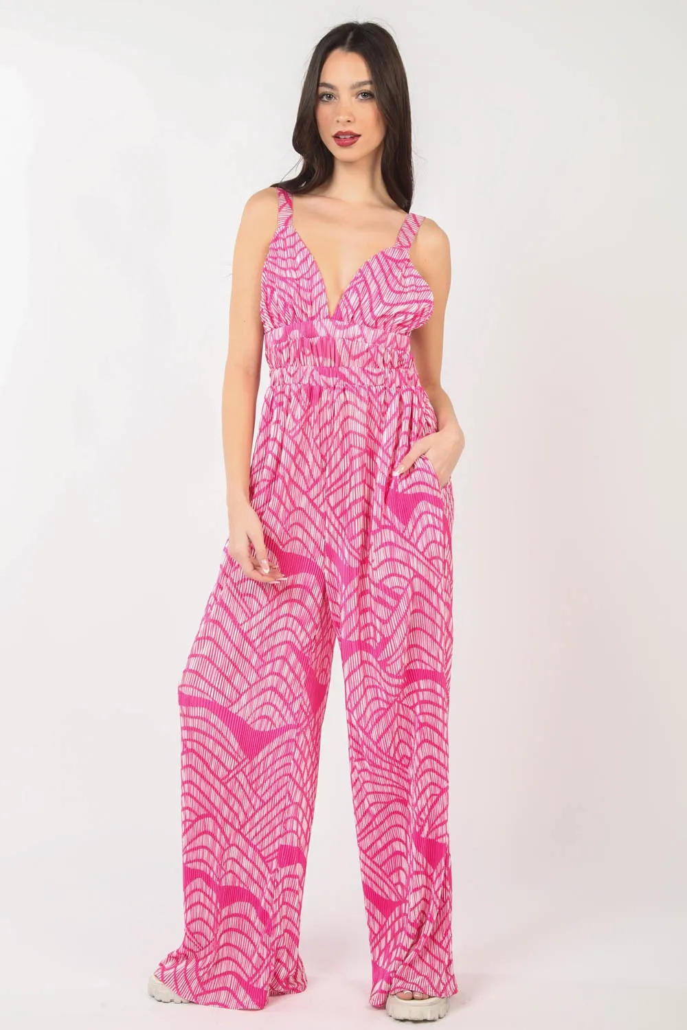 Printed Pleated Sleeveless Wide Leg Jumpsuit