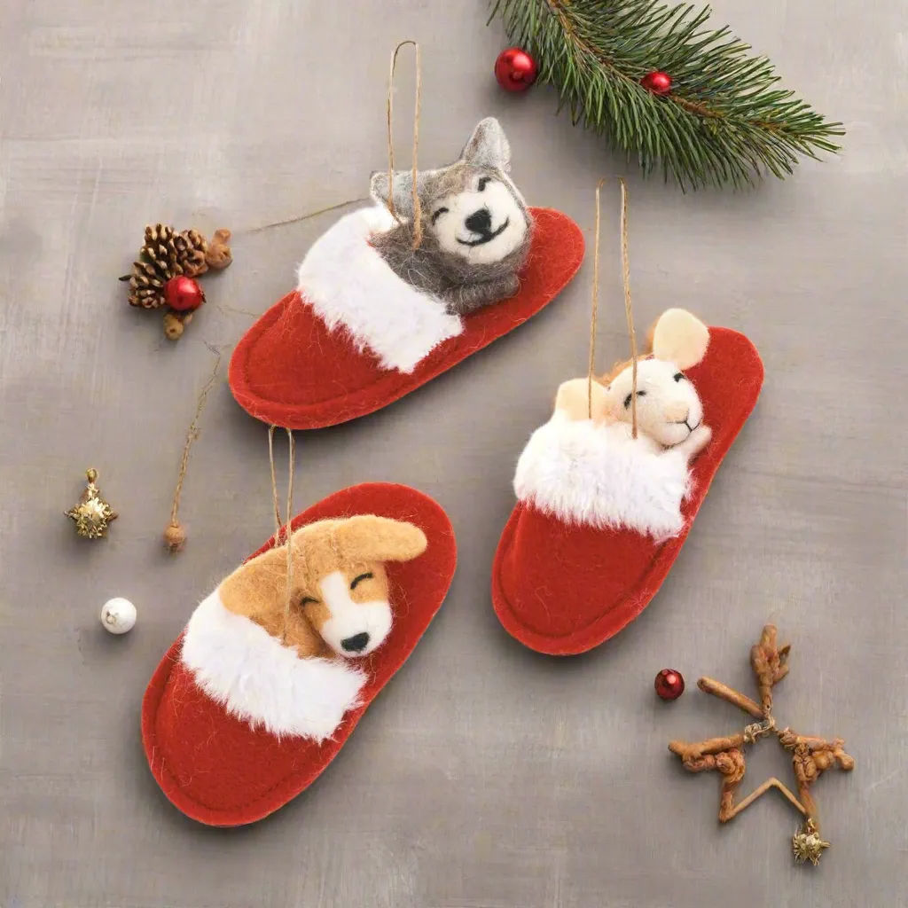 Puppies in Santa's slippers Ornaments | Set of 3