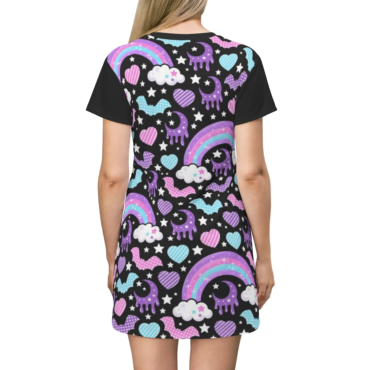 Rainbow Spooky Bats Black All Over Print T-Shirt Mini Dress