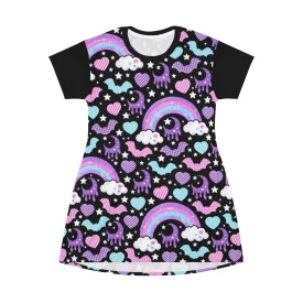 Rainbow Spooky Bats Black All Over Print T-Shirt Mini Dress