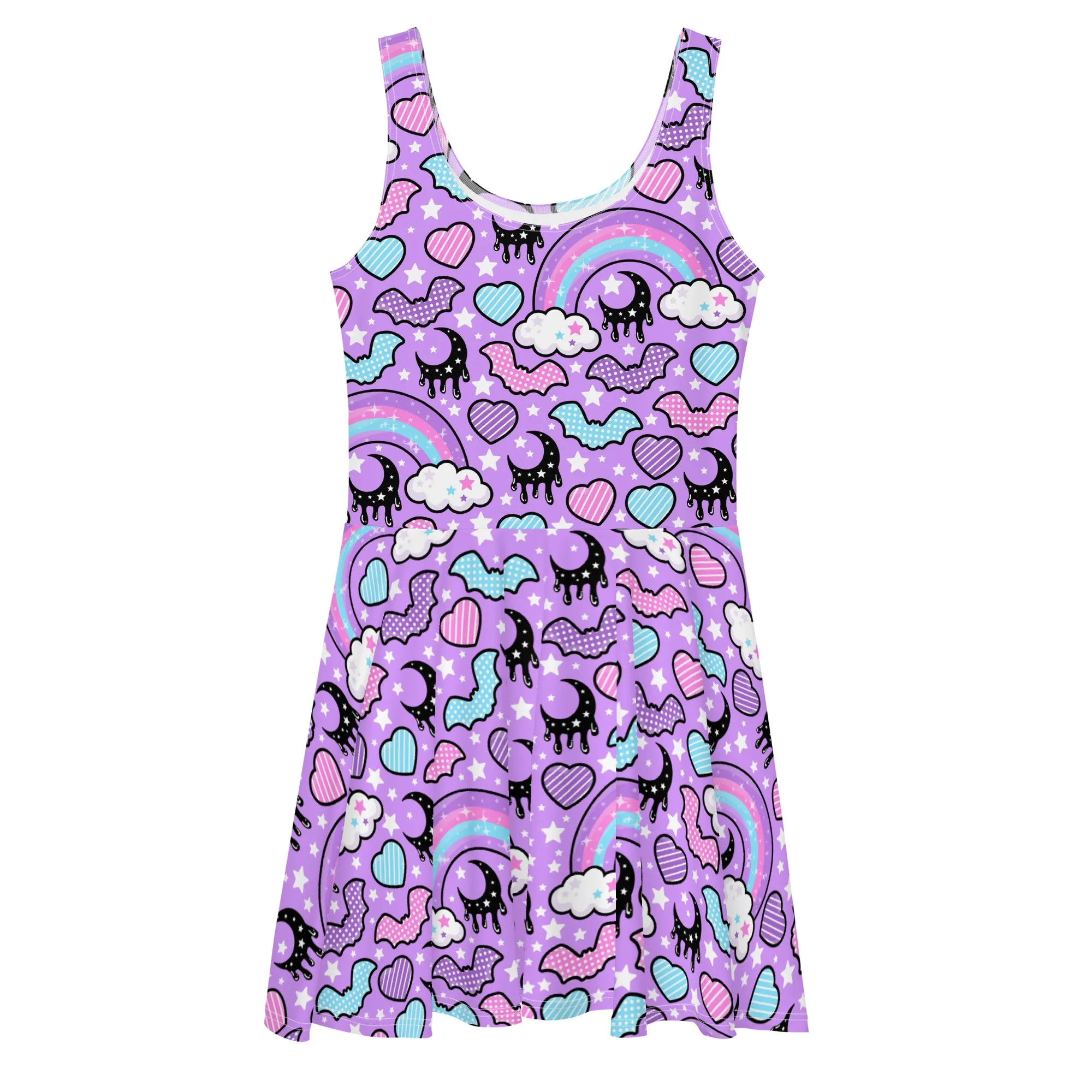 Rainbow Spooky Bats Purple Skater Dress