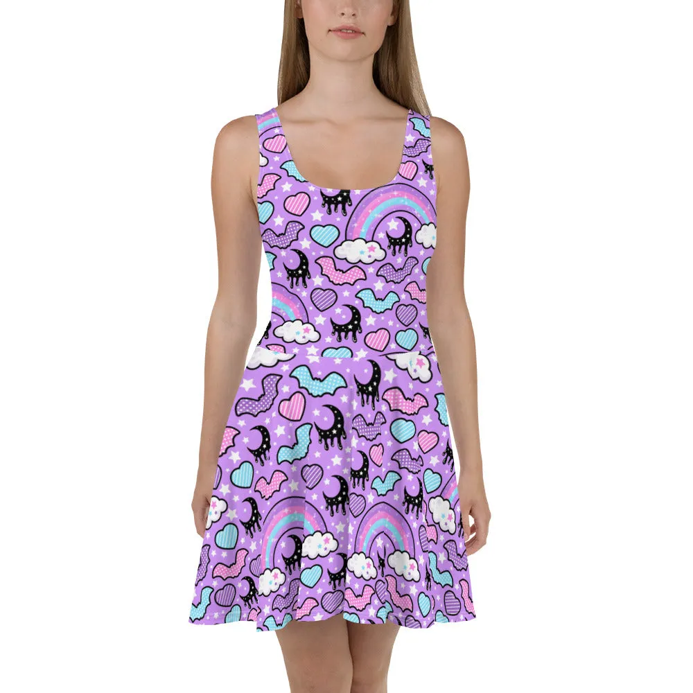 Rainbow Spooky Bats Purple Skater Dress