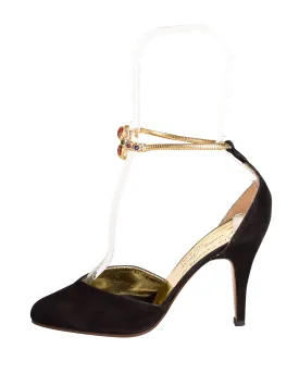 Rene Caovilla Vintage 1970s Black Suede Gold Enamel 'Bracelet' Heels