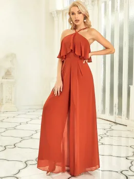 Retro Wide Leg Halter Top Ruffle Jumpsuit