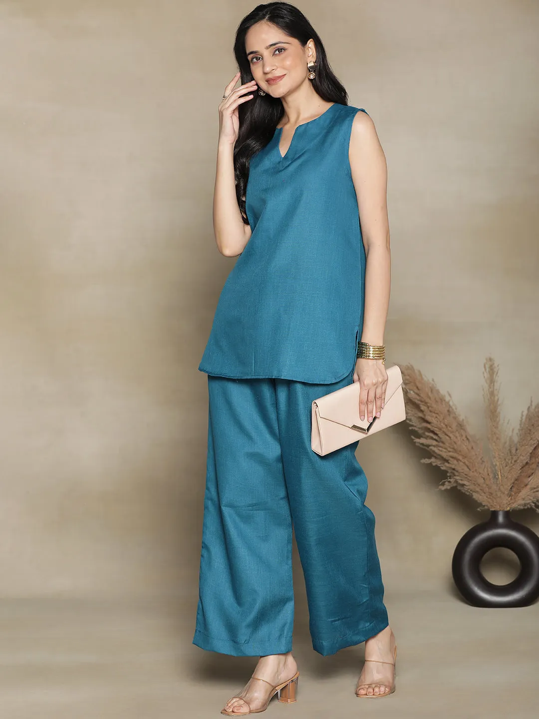 Teal CottonSlub SleevelessKurti & Palazzo