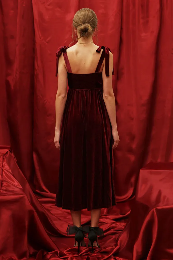 Velvet Shirred Midi Dress in Burgundy by Blu Pepper