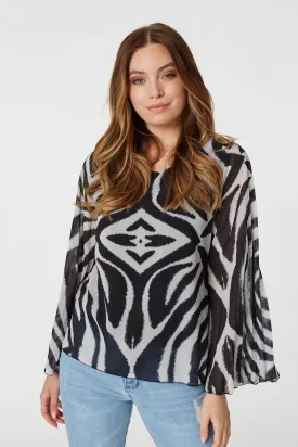 Zebra Print Sheer Sleeve Blouse